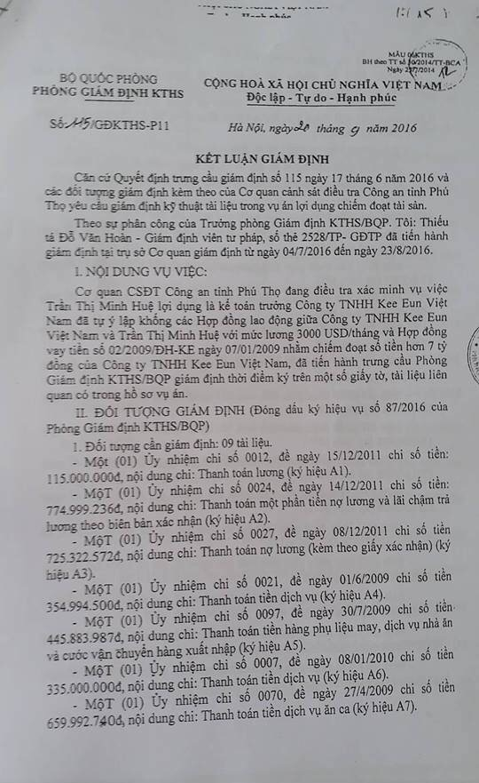 Kết luận gi&aacute;m định của Ph&ograve;ng gi&aacute;m định kỹ thuật h&igrave;nh sự Bộ Quốc ph&ograve;ng.