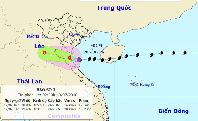 Vị tr&iacute; v&agrave; hướng di chuyển của cơn b&atilde;o số 3.