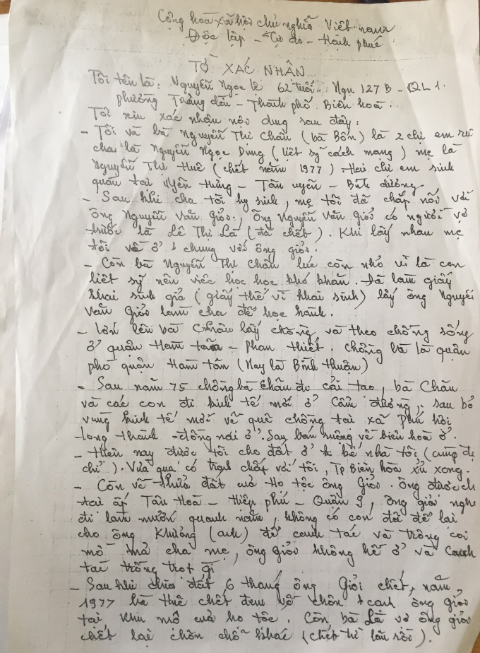 Tờ x&aacute;c nhận của b&agrave; Lệ.