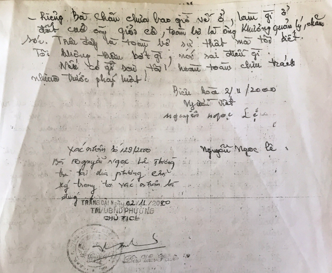 Tờ x&aacute;c nhận của b&agrave; Lệ.
