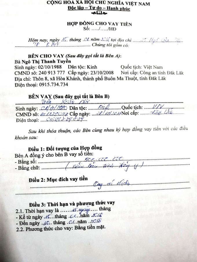 Hợp đồng &ocirc;ng Nội k&yacute; vay 500 triệu đồng với b&agrave; Tuyền.