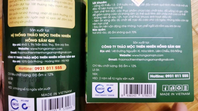 Hai sản phẩm tăng c&acirc;n v&agrave; giảm c&acirc;n của C&ocirc;ng ty TNHH&nbsp;Thảo mộc thi&ecirc;n nhi&ecirc;n Hồng S&acirc;m QM đều được in chứng nhận ISO để lừa đảo người ti&ecirc;u d&ugrave;ng.