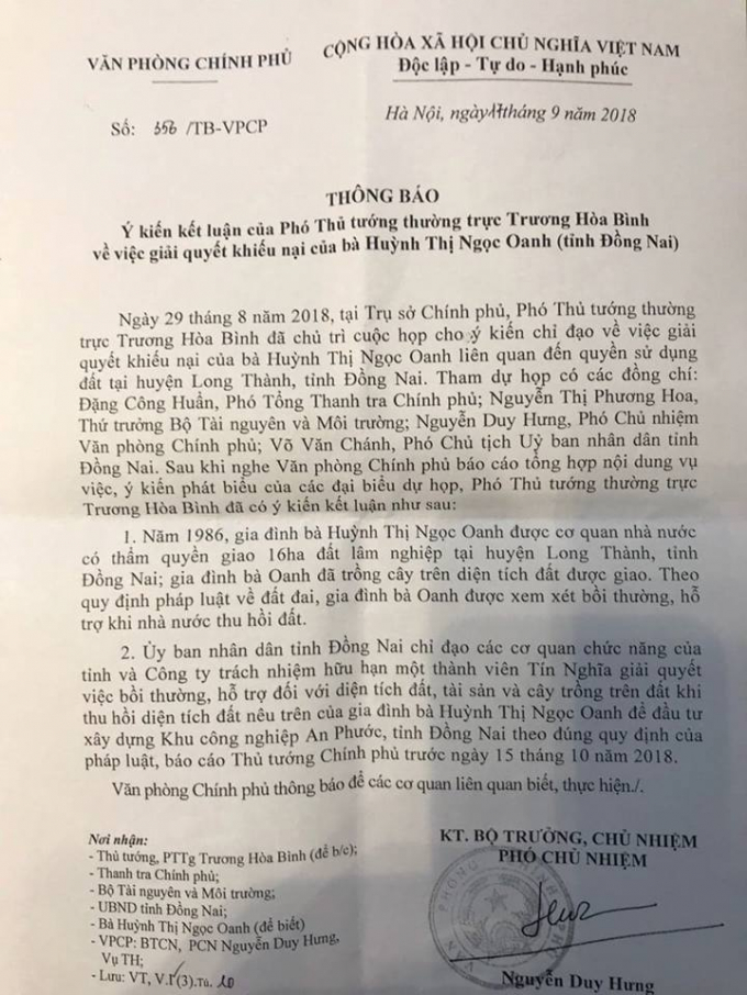 Văn bản chỉ đạo của Văn ph&ograve;ng Ch&iacute;nh phủ đề nghị UBND tỉnh Đồng Nai thực hiện việc b&aacute;o c&aacute;o kết quả thực hiện đối với việc bồi thường, hỗ trợ cho b&agrave; Oanh.
