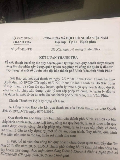 Kết luận thanh tra số 190/KL-TTr về những sai phạm tại TP. Vĩnh Yên. Ảnh: Tiền Phong