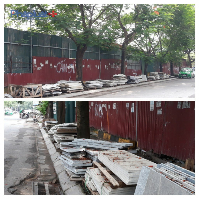 Gần cổng chính dự án vật liệu xây dựng để ngổn ngang chiếm trọn vỉa hè.