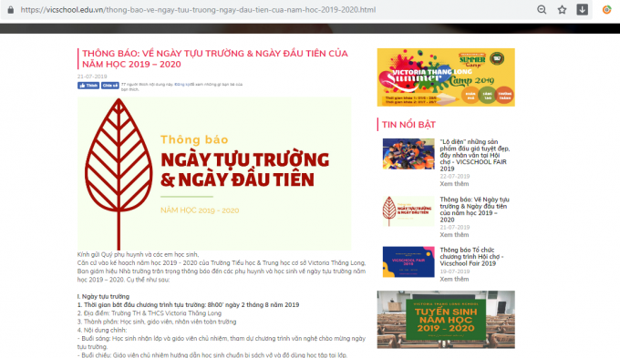 Thông báo tựu trường của Trường tiểu học và trung học cơ sở Victoria Thăng Long