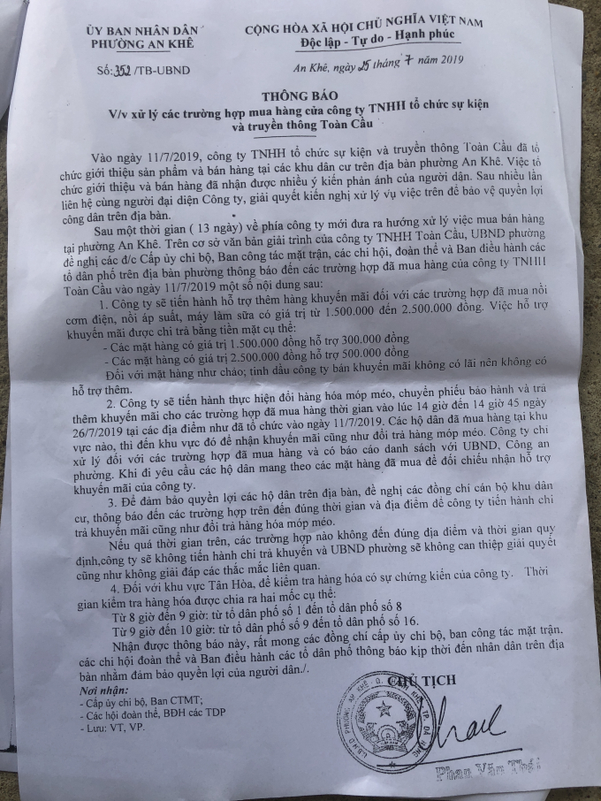 Văn bản xử lý của UBND phường về vụ việc khiến người dân dọa kiện ngược chính quyền thay vì doanh nghiệp.
