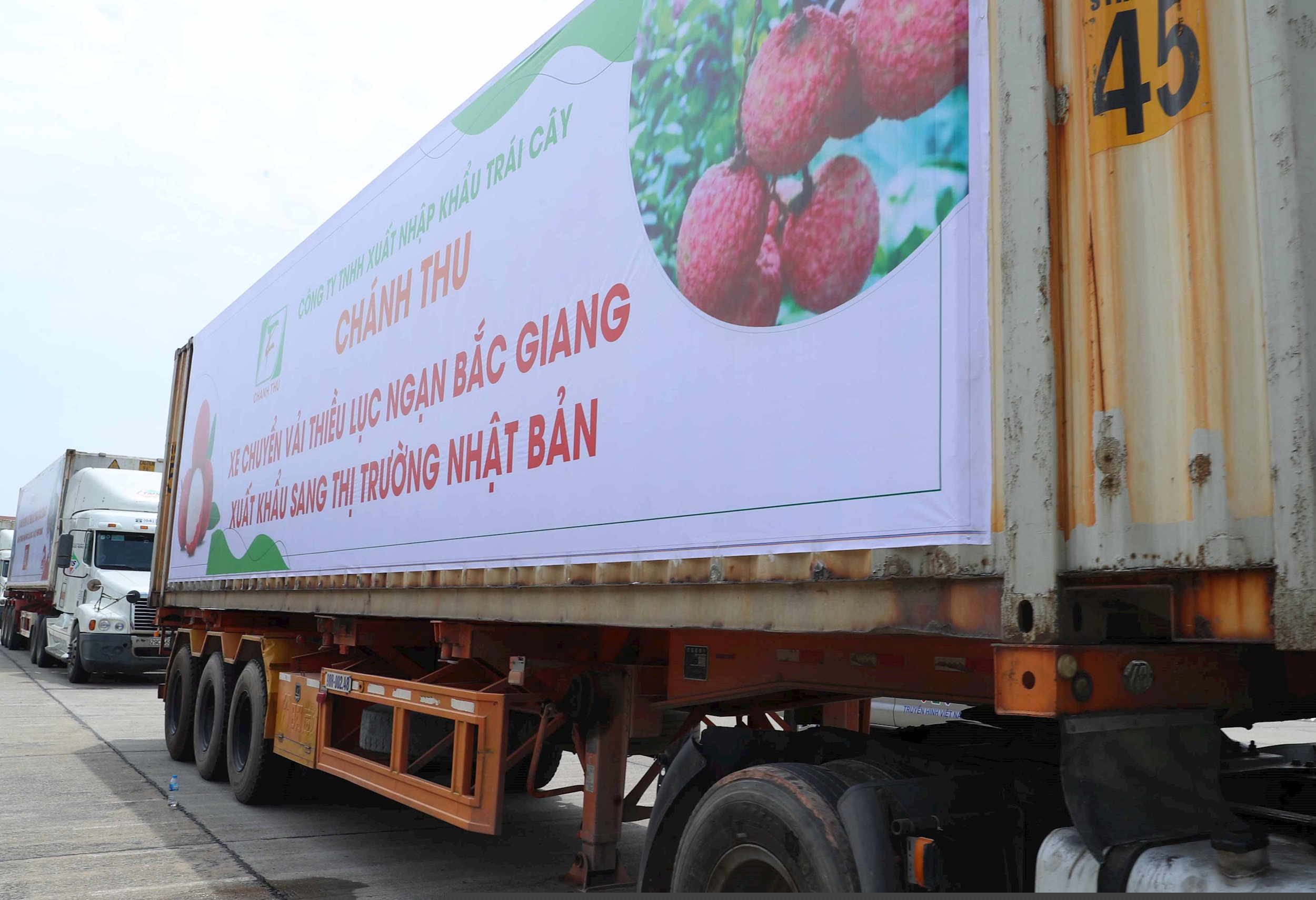Xe container chở vải thiều Bắc Giang. Ảnh: VGP.