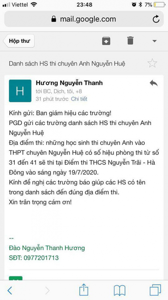 Email thông báo từ Phòng GD&amp;amp;ĐT.