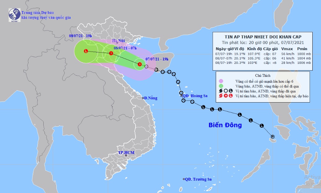Vị trí và hướng di chuyển tiếp theo của áp thấp nhiệt đới. Ảnh Trung tâm Dự báo KTTVQG.