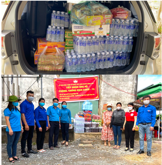 Trao tặng các món “nhà làm” cùng một số nhu yếu phẩm cho chốt kiểm dịch liên ngành tại xã Tân Lập (H.Đồng Phú), các bạn trẻ Đồng Xoài gửi yêu thương đến tuyến đầu chống Covid-19