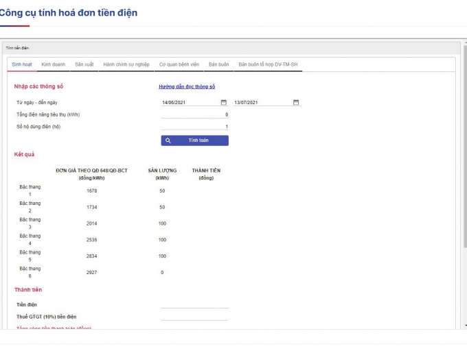 Khách hàng chọn “Tính toán” để hệ thống tự động tính số tiền điện cụ thể
