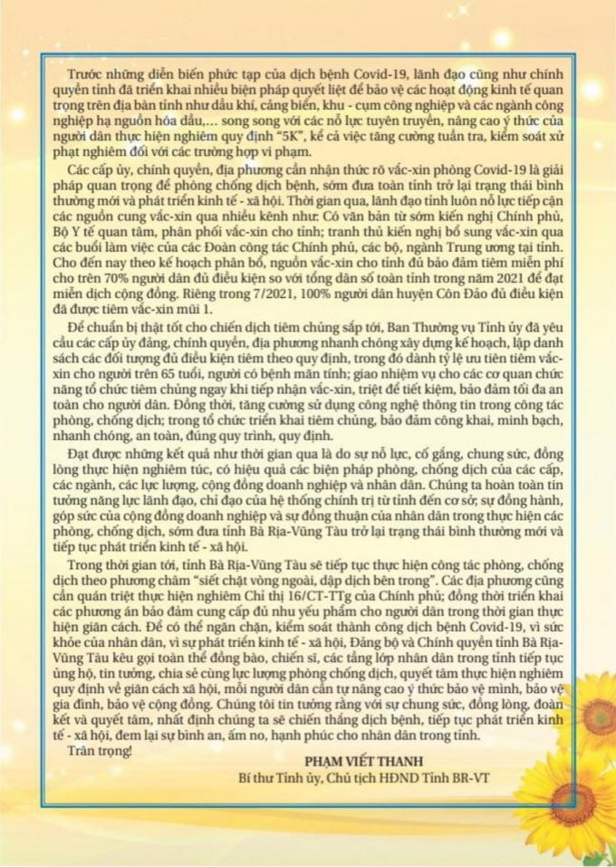 Thư ngỏ của ông Phạm Viết Thanh - Bí Thư Tỉnh ủy, Chủ tịch HĐND tỉnh BR-VT.