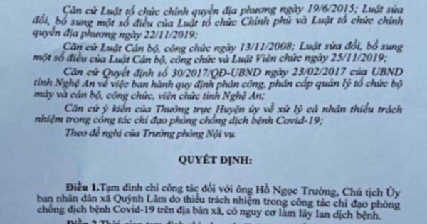 Nghệ An: Đình chỉ công tác Chủ tịch xã Quỳnh Lâm do thiếu trách nhiệm trong công tác phòng, chống dịch Covid-19