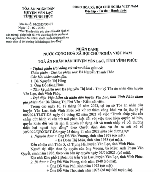 Nhiều băn khoăn sau bản án của TAND huyện Yên Lạc