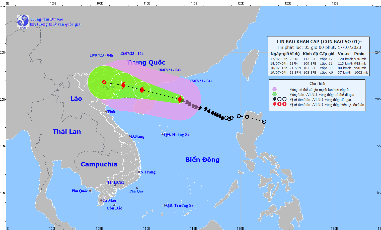 Dự báo đường đi của bão số 1 đang hướng vào khu vực Bắc bộ. (Ảnh: Trung tâm Khí tượng thuỷ văn quốc gia)