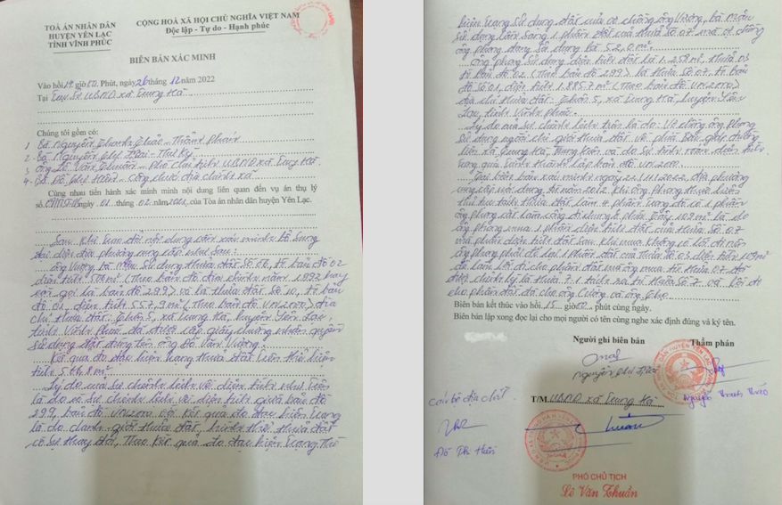 Biên bản xác minh của TAND huyện Yên lạc với UBND xã Trung Hà (Yên Lạc, Vĩnh Phúc).