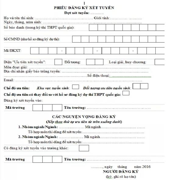 Mẫu Phiếu đăng k&yacute; x&eacute;t tuyển ĐH năm 2016. Ảnh: D&acirc;n tr&iacute;