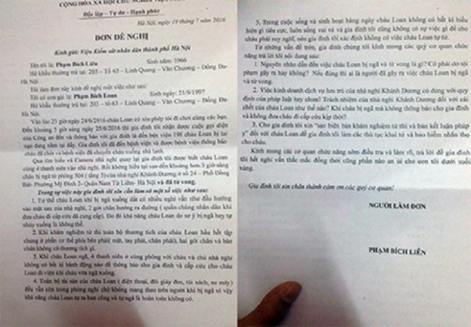 &nbsp;L&aacute; đơn kiến nghị của gia đ&igrave;nh b&agrave; Li&ecirc;n gửi VKS ND TP.H&agrave; Nội mong muốn sớm được l&agrave;m s&aacute;ng tỏ c&aacute;i chết của con g&aacute;i.