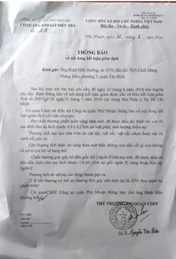 Kết quả gi&aacute;m định thương t&iacute;ch của &ocirc;ng Hướng.