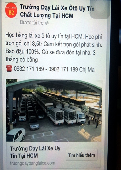 Lời quảng c&aacute;o tr&ecirc;n mạng về kh&oacute;a học l&aacute;i xe B2 với gi&aacute; chỉ 3,5 triệu đồng, bao đậu 100%.