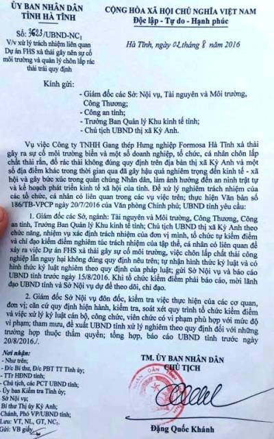 Văn bản ng&agrave;y 2/8 của Chủ tịch UBND tỉnh H&agrave; Tĩnh y&ecirc;u cầu xử l&yacute; kỷ luật c&aacute;c tổ chức, c&aacute; nh&acirc;n trong vụ việc vừa qua.