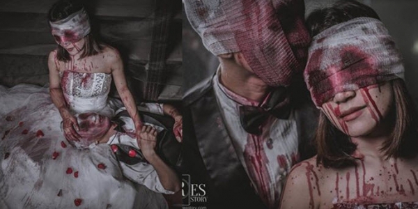 Thoạt nh&igrave;n chắc hẳn bạn sẽ lầm tưởng đ&acirc;y l&agrave; poster của một bộ phim kinh dị n&agrave;o đ&oacute; chứ kh&ocirc;ng phải ảnh cưới.&nbsp;