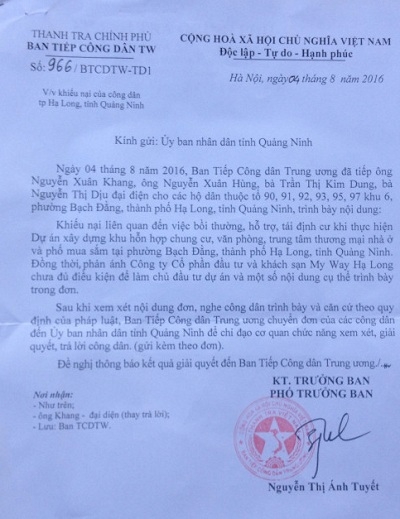 C&ocirc;ng văn gửi UBND tỉnh Quảng Ninh đề nghị c&aacute;c cơ quan chức năng giải quyết nội dung đơn thư của c&aacute;c hộ d&acirc;n.