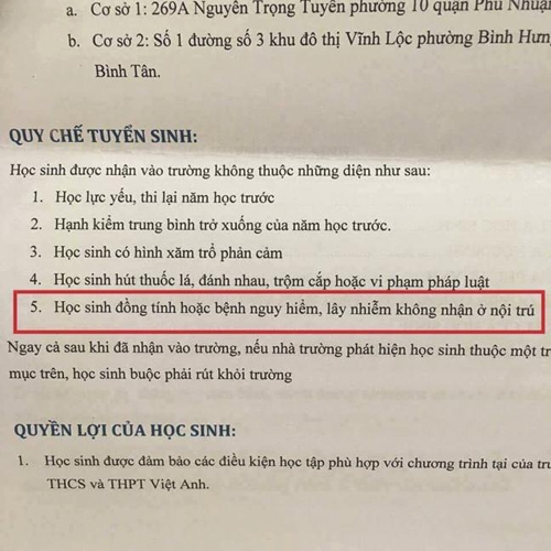 Quy chế tuyển sinh kh&ocirc;ng nhận học sinh đồng t&iacute;nh g&acirc;y tranh c&atilde;i
