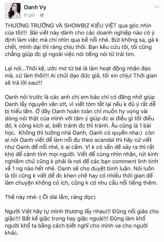 Status được đăng tr&ecirc;n trang c&aacute; nh&acirc;n của Vy Oanh. Ảnh: Facebook nh&acirc;n vật.