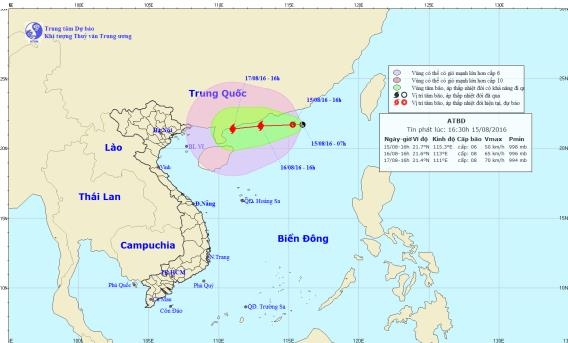 Dự b&aacute;o trong 24 giờ tới, &aacute;p thấp nhiệt đới di chuyển chủ yếu theo hướng T&acirc;y, mỗi giờ đi được 10km v&agrave; c&oacute; khả năng mạnh l&ecirc;n th&agrave;nh b&atilde;o. Ảnh: nchmf.gov.vn
