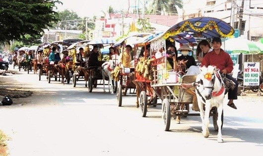 Xe ngựa du lịch ngh&ecirc;nh ngang tr&ecirc;n đường phố.