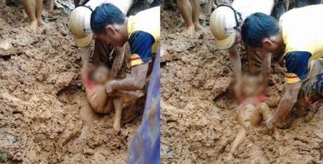 Đau đớn khi nh&igrave;n em b&eacute; Thanh H&oacute;a 5 tuổi bị v&ugrave;i trong đất lũ.