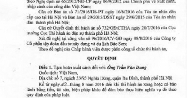 Vụ đòi tài sản của Tập đoàn Bảo Sơn: Quyết định tạm hoãn xuất cảnh đối với ông Trần Văn Dung