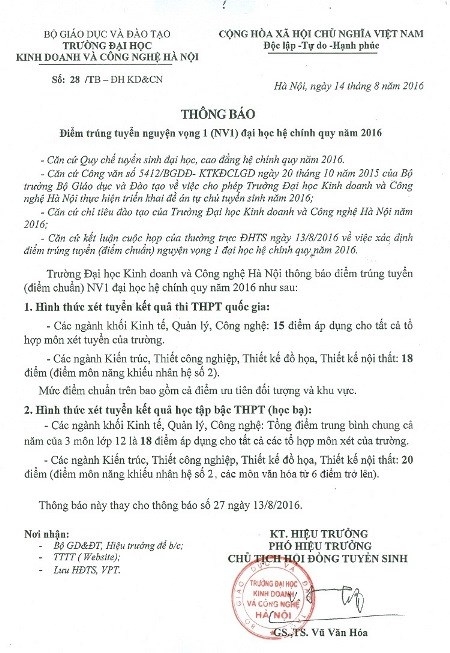 Th&ocirc;ng b&aacute;o tr&uacute;ng tuyển mới ng&agrave;y 14/8, trường ĐH Kinh doanh v&agrave; C&ocirc;ng nghệ H&agrave; Nội đ&atilde; r&uacute;t điểm tr&uacute;ng tuyển ng&agrave;nh y đa khoa, dược học.