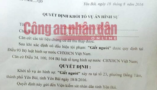 Quyết định khởi tố vụ &aacute;n (Ảnh: B&aacute;o C&ocirc;ng an Nh&acirc;n d&acirc;n).