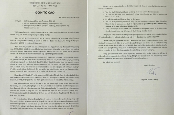 Nội dung đơn tố c&aacute;o, phụ huynh gửi cơ quan b&aacute;o ch&iacute;.