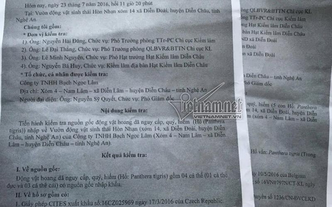 Bi&ecirc;n bản Chi cục Kiểm l&acirc;m tỉnh Nghệ An x&aacute;c nhận c&oacute; 9 c&aacute; thể hổ lớn nhập từ Bỉ v&agrave; S&eacute;c về Việt Nam l&agrave; hợp ph&aacute;p.