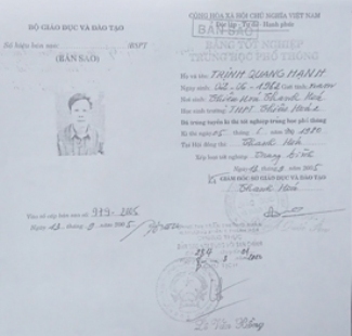 Bằng Tốt nghiệp THPT của &ocirc;ng Hạnh bị tố l&agrave; giả.