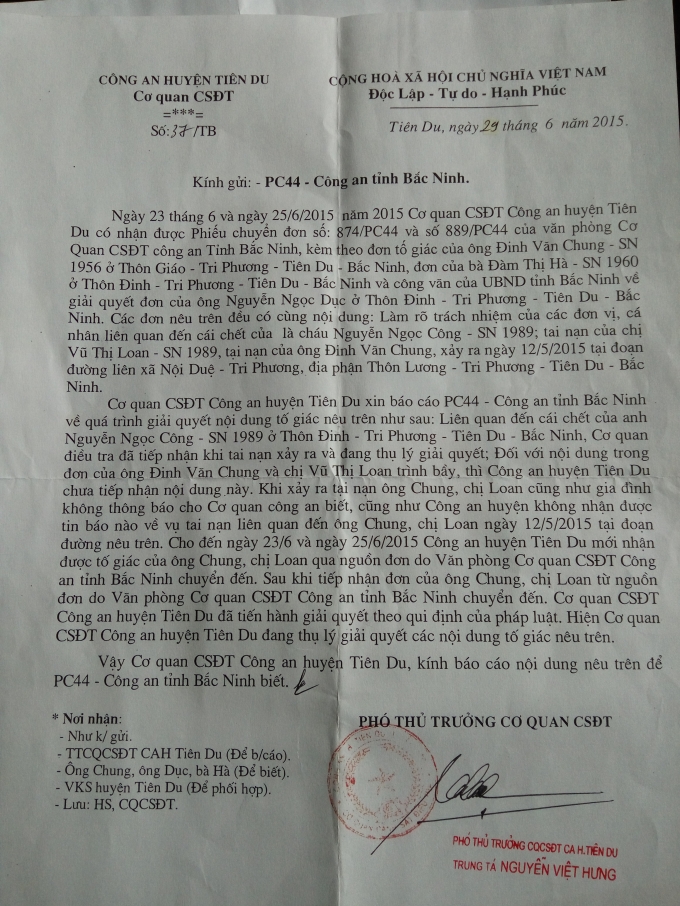 C&ocirc;ng văn của VP CQ CSĐT tỉnh Bắc Ninh