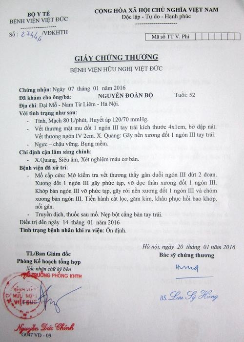 Giấy chứng thương của bệnh viện nơi &ocirc;ng Nguyễn Đo&agrave;n Bộ được điều trị.