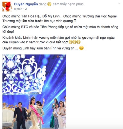 D&ograve;ng trạng th&aacute;i ch&uacute;c mừng cho t&acirc;n Hoa hậu c&ugrave;ng trường của Kỳ Duy&ecirc;n .