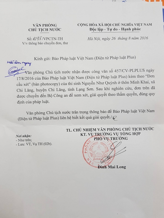 Văn ph&ograve;ng Chủ tịch nước đ&atilde; chuyển t&acirc;m thư của th&iacute; sinh Nguyễn Như Quỳnh sang Bộ C&ocirc;ng an xem x&eacute;t, giải quyết.