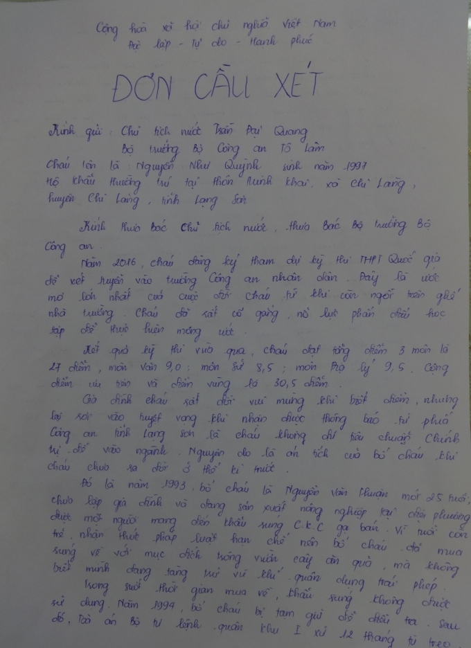 Một phần của bức t&acirc;m thư của em Quỳnh gửi tới ng&agrave;i Chủ tịch nước v&agrave; Bộ trưởng C&ocirc;ng an