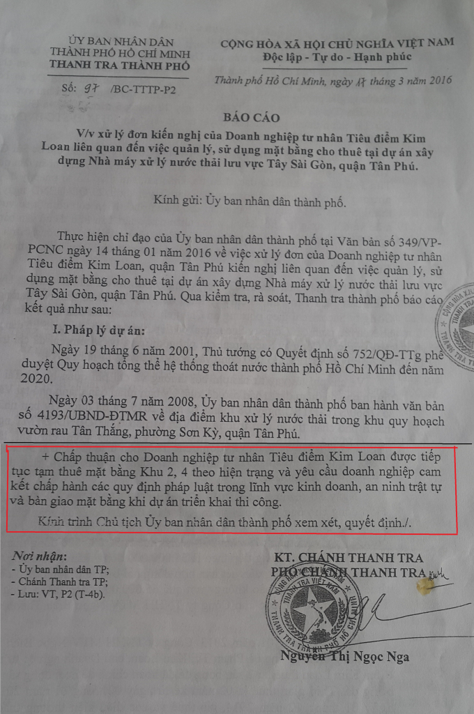 B&aacute;o c&aacute;o của Thanh tra th&agrave;nh phố gửi UBND TP HCM.