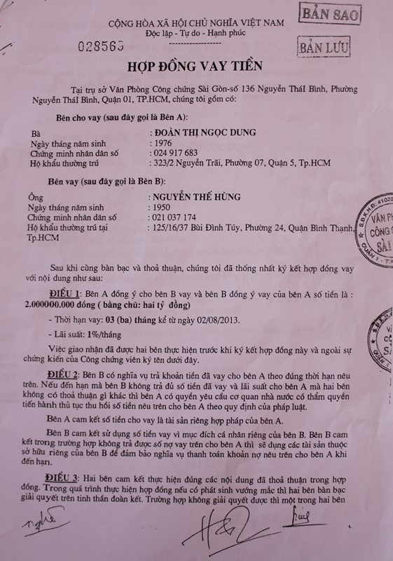 Hợp đồng vay tiền giữa b&agrave; Dung v&agrave; &ocirc;ng H&ugrave;ng được lập tại Văn ph&ograve;ng C&ocirc;ng chứng S&agrave;i G&ograve;n.