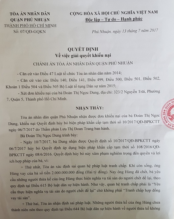 Quyết định số 07 cuả TAND quận Ph&uacute; Nhuận về việc Giải quyết khiếu nại của b&agrave; Dung.