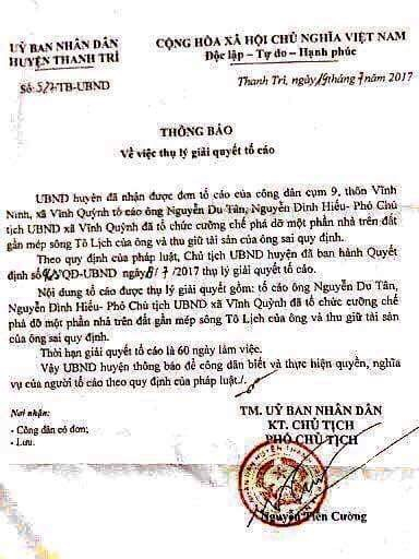 Th&ocirc;ng b&aacute;o của UBND huyện về việc sẽ thanh tra tố c&aacute;o của &ocirc;ng H&ugrave;ng với l&atilde;nh đạo x&atilde; Vĩnh Quỳnh.