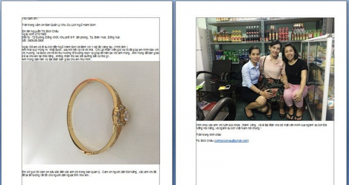 Thư cảm ơn du kh&aacute;ch gửi đến BQL khu Danh thắng Ngũ H&agrave;nh Sơn.