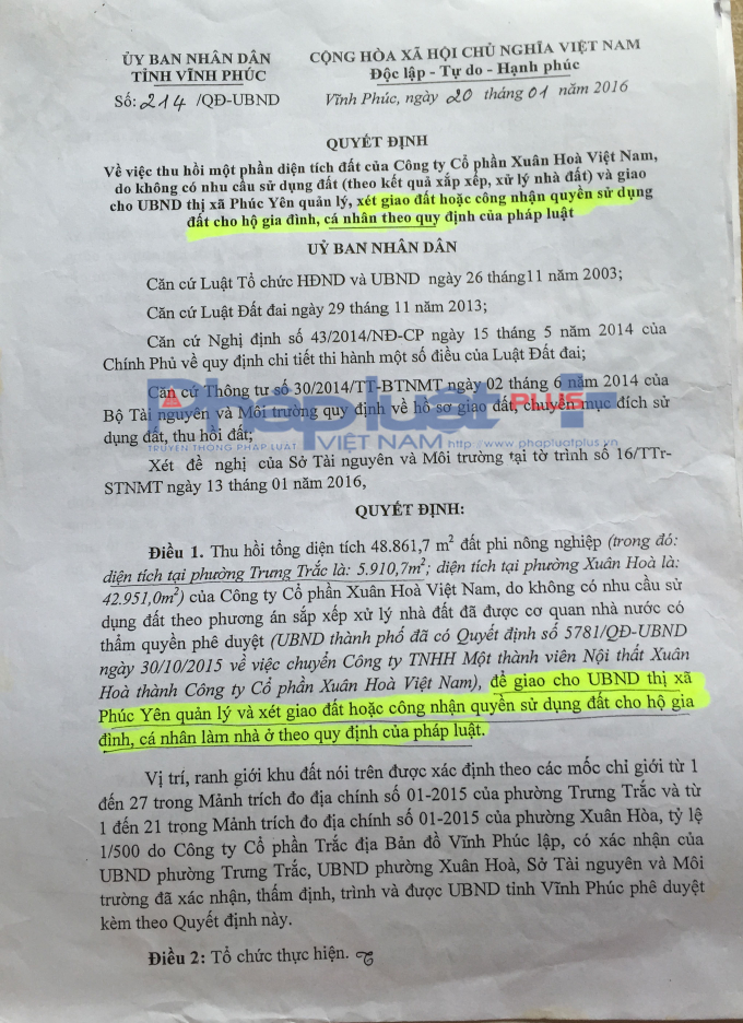 Quyết định 214/QĐ-UBND của UBND tỉnh Vĩnh Ph&uacute;c.